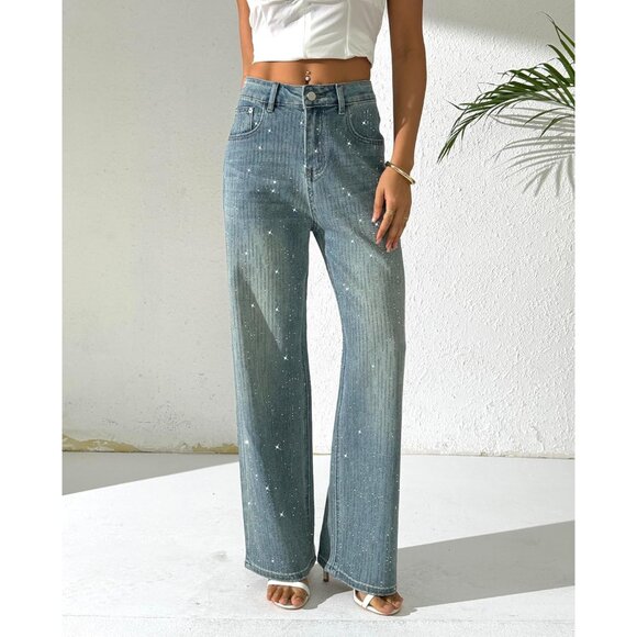 Women's Glitter Rhinestone Wide Leg Denim Pants High Waist Streetwear - Picture 3 of 5